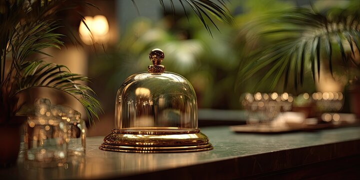 Ornate brass cloche on a marble countertop, amidst lush greenery