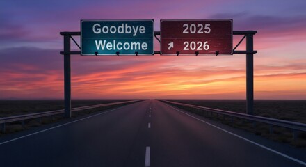 New Year Transition Road Sign - Goodbye 2025, Welcome 2026 on a Highway at Sunset