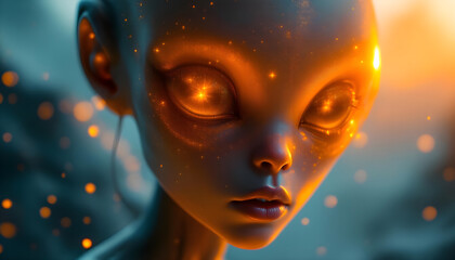 Mysterious ethereal alien portrait with glowing orange eyes and cosmic dust, science fiction concept