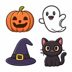 Four adorable Halloween characters including a smiling jack-o'-lantern, friendly ghost, witch hat, and black cat with big eyes.