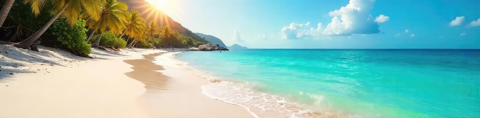 Fototapeta premium Sun-drenched beach scene with turquoise water lapping gently at the shore, sparkling under a clear summer sky Perfect for travel, vacation, and summer themes , sea breeze, summer, coast