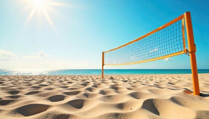 Sun-drenched beach volleyball court, glistening sand, net in place, ready for a game  Perfect for summer, recreation, and active lifestyle imagery ,  fitness,  towel,  court