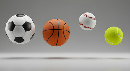Set of Floating Sports Balls Isolated on Gray Background