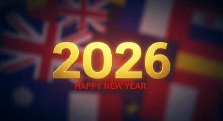Global New Year 2026 - Golden 3D Numbers Against a Background of International Flags