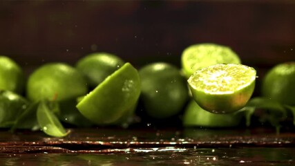 Captivating slow motion footage of fresh juicy limes splashing into clear water - Powered by Adobe