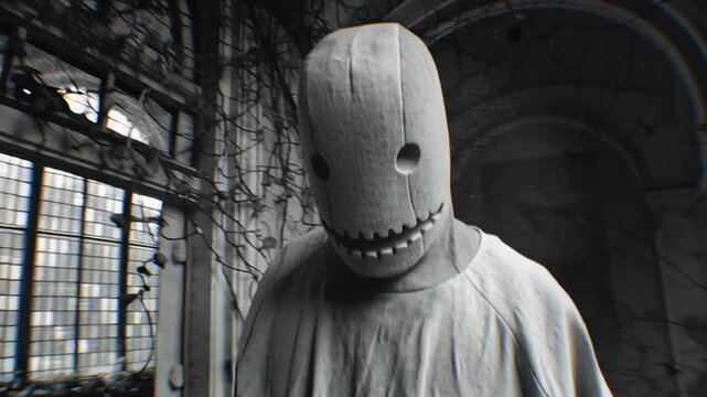 A hunched ghost figure no face wall, glitching step asylum corridor overgrown dark vines. stitched mouth hollow eyes. Abandoned gothic horror, psychological dread, eerie visuals, grainy soft focus