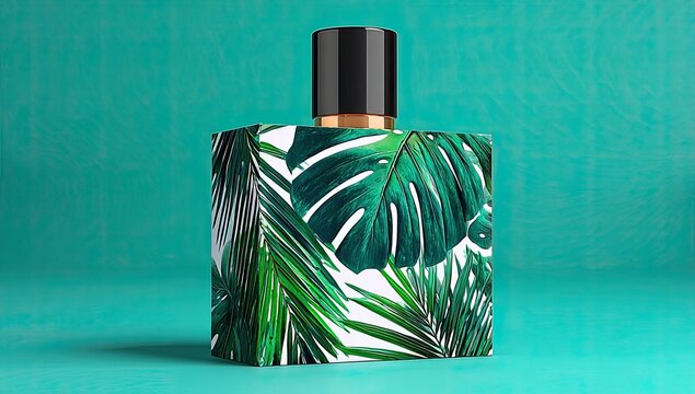Tropical perfume bottle, vibrant green leaves on white