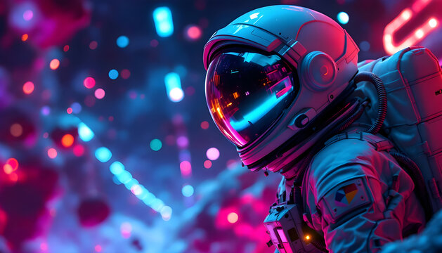 Vibrant astronaut gazes into abstract cosmic nebula with neon lights, futuristic adventure awaits