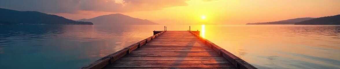 Tranquil scene of a wooden dock extending into calm waters, bathed in the soft glow of sunrise or sunset  Perfect for travel, nature, and relaxation themes , autumn, holiday