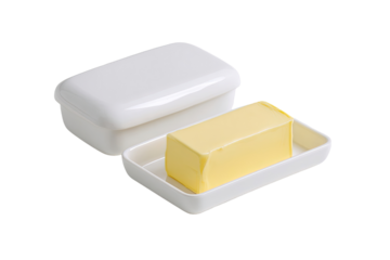 White butter dish with a block of yellow butter