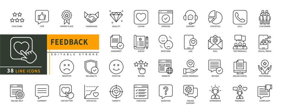 Minimalist Feedback line icons set with editable stroke, featuring five stars, like, award place, handshake, quality, negative, reliability, comment, statistics, target, cal. thin linear illustration.