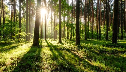 Obraz premium Sunlight streams through a dense forest