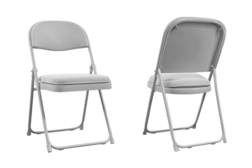 Two light gray folding chairs, side-by-side, one facing forward, the other backward.  Metal frame, padded seats and backs.  Simple, neutral design