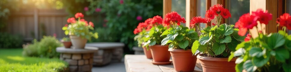 Vibrant potted geraniums add a splash of color to a sunny patio, creating a welcoming and charming outdoor space  Perfect for summer decor and home improvement projects , planting, home decor