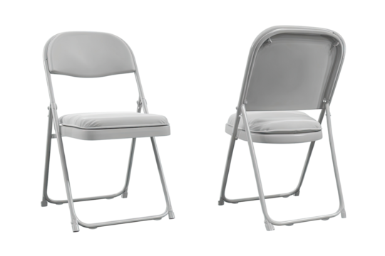 Two light gray folding chairs, side-by-side, one facing forward, the other backward.  Metal frame, padded seats and backs.  Simple, neutral design