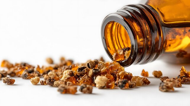 Amber bottle with resin granules spilling out, showcasing alternative medicine - Powered by Adobe