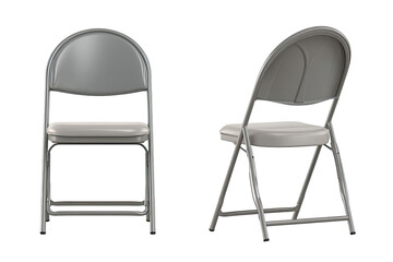 Gray folding chairs, front and side views