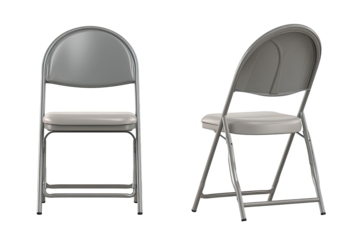 Gray folding chairs, front and side views