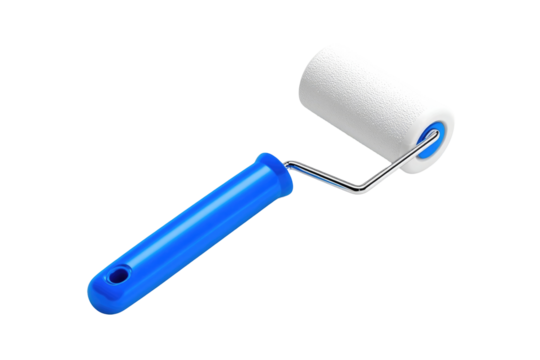 Paint roller with blue handle and white foam roller