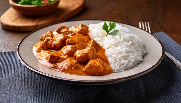 butter chicken with rice on table