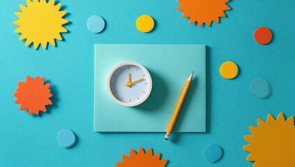 A light teal-colored square notepad sits on a vibrant teal background. A small white clock and a yellow pencil rest atop the notepad.  Colorful, starburst-shaped paper cutouts,