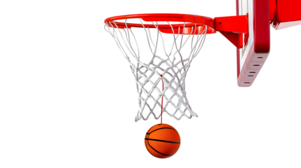 A basketball going through the net on a red basketball hoop on transparent background