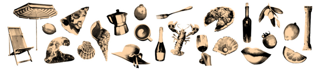 Vacation in Italy halftone art collage cut outs set. Various paper clipping shapes, La Dolce vibe vita stickers with vintage dotted texture. Modern retro grunge mixed media vector illustration