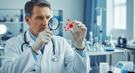 Male scientist in a lab coat intently studying a virus model with a magnifying glass in a modern laboratory. Concept for virology, research, and healthcare innovation