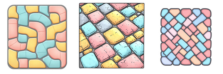 Cartoon pavement tiles in pastel colors, geometric pattern, minimalist style, isolated elements on transparent background