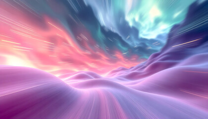 Abstract surreal landscape with vibrant aurora borealis and flowing energy trails