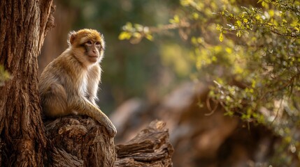 A barbary macaque monkey sits on a tree branch in a forest with green leaves in the background