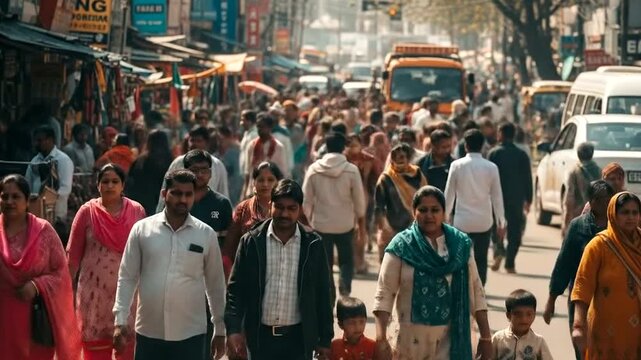 Ai generated a bustling street scene in an indian city with a large crowd of people walking and shopping in a busy market, capturing urban life and commerce 4k video