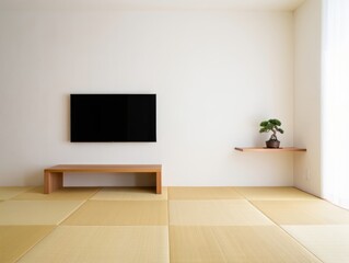 Modern Japanese Living Room With Tatami Mats and Minimalist Entertainment Center