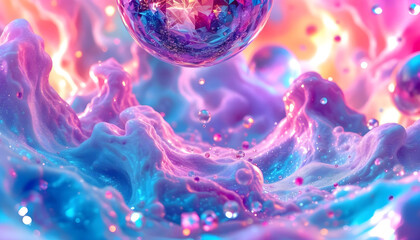 Mesmerizing abstract swirls of vibrant pink and blue with shimmering crystal orb