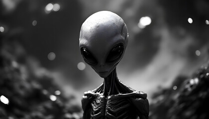Mysterious alien being with large eyes evokes wonder and cosmic curiosity in dramatic black and white