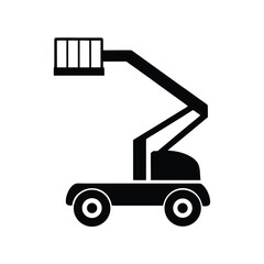 Black silhouette of a boom lift with a basket and multiple bars on a white background aerial work platform