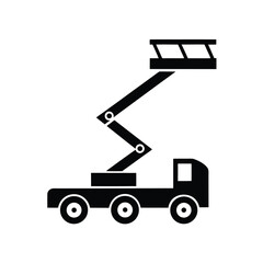 Black silhouette icon of a truck-mounted boom lift with a platform on a white background aerial work platform