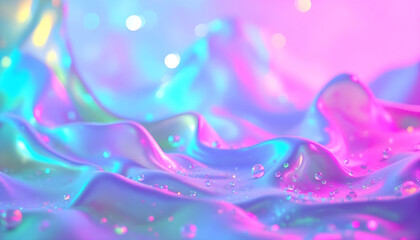 Iridescent liquid waves shimmer with vibrant cyan and magenta, catching soft light and droplets