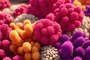 Close-up of vibrant, textured, clustered spheres.  Colorful,  fuzzy,  coral-like formations.  Soft,  pastel shades of pink, orange, purple, and grey