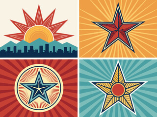 A patriotic set of gold star illustrations with a vector American flag design