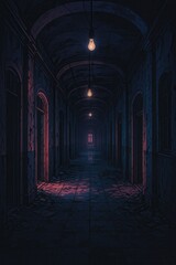 Fototapeta premium Halloween themed image of an eerie decrepit corridor with arched ceiling and peeling walls lit by hanging bulbs fading into darkness with distant window light at the end