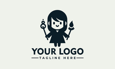 A stylized cartoon girl figure holds a wand and a torch, presented as a logo design with space for text.