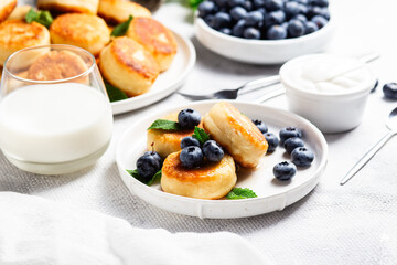Appetizing cheesecakes with sauce and blueberries on a light background