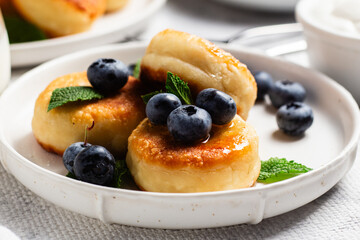 Appetizing cheesecakes with sauce and blueberries on a light background
