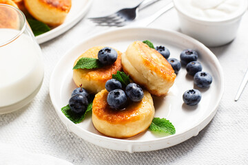 Appetizing cheesecakes with sauce and blueberries on a light background