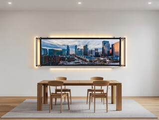 Captivating Cityscape Artwork Enhances Modern Dining Room Ambiance