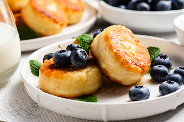 Appetizing cheesecakes with sauce and blueberries on a light background