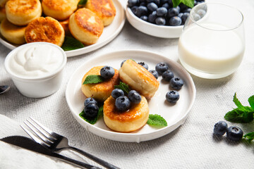 Appetizing cheesecakes with sauce and blueberries on a light background
