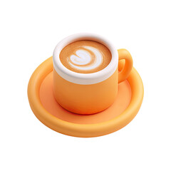 A stylized, 3D rendered, light orange coffee cup, with a latte art design.  A matching saucer