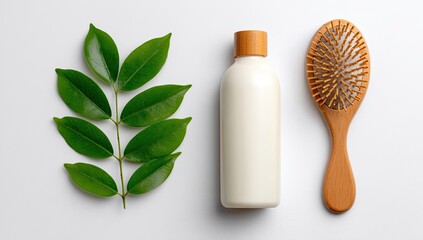 Natural hair care products.  A sprig of vibrant green leaves sits beside a plain white bottle with a light brown cap, and a wooden hairbrush with a textured, bristle design.  